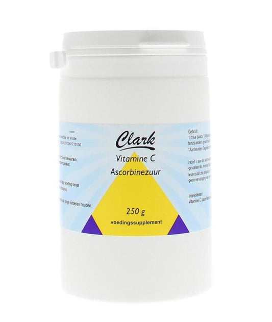 Clark Vitamin C ascorbic acid powder in a 250g container, shown in a close-up image.