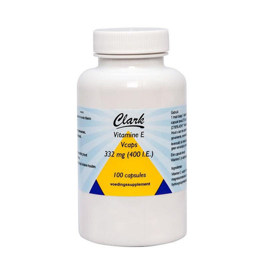 Clark Vitamin E 400IU capsules in a bottle, showing 100 capsules of dietary supplement for skin and antioxidant health