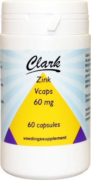 Clark Zink 60mg mineral capsules in a vegetarian supplement bottle, showcasing the product packaging and capsules.