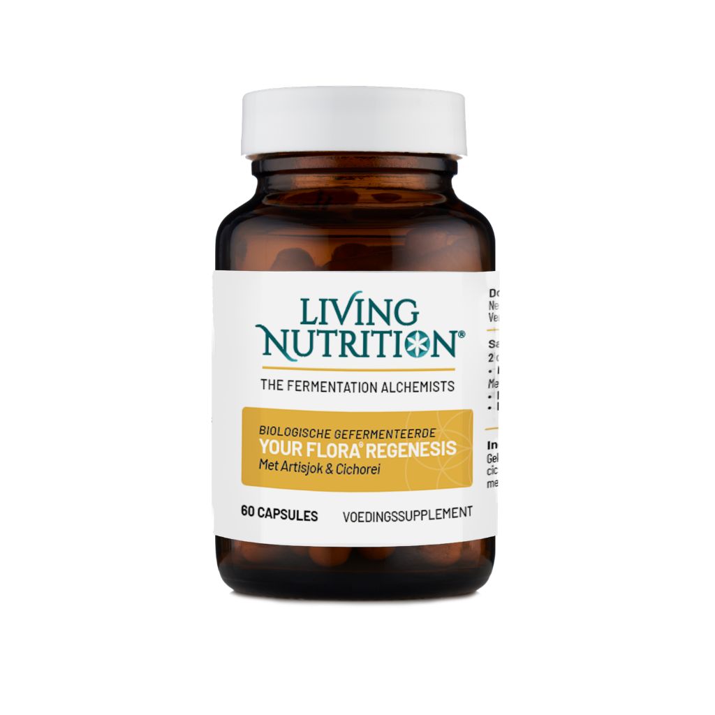 Living Nutrition Your Flora Regenesis bio capsules with artichoke and chicory, herbal supplement for digestive health.