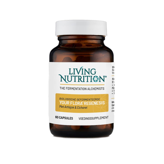 Living Nutrition Your Flora Regenesis bio capsules with artichoke and chicory, herbal supplement for digestive health.