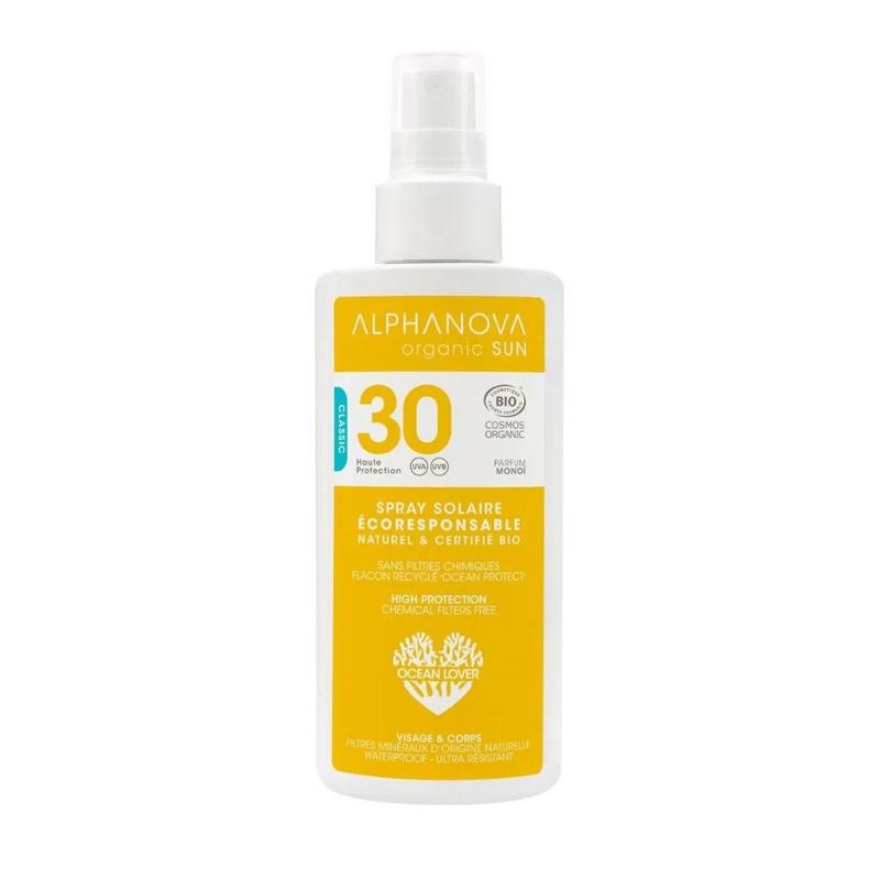 Alphanova Sun bio SPF30 vegan sun spray bottle with 125ml, showing the sunscreen product on a white background.