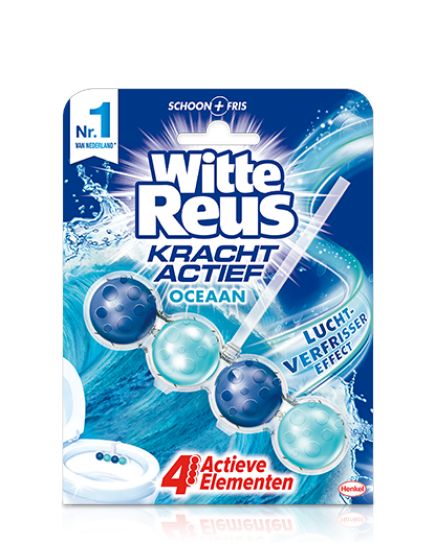 Witte Reus Kracht actief oceaan toiletreiniger and refresher in 50g packet, with blue and white packaging and product details visible.