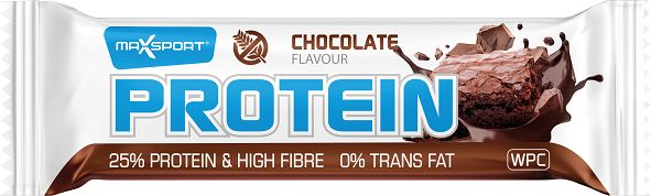 Max Sport Proteine chocolade snack bar, gluten-free, 60g, with visible chocolate coating and protein-rich ingredients.