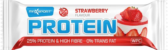 Max Sport strawberry protein bar, 60g, showing a chocolate-coated snack with strawberry flavor for quick energy and muscle recovery.