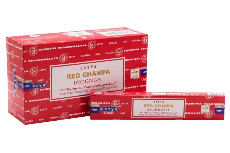 Nag Champa red Champa incense sticks in 15 grams, featuring colorful packaging and traditional Indian design for aromatic ambiance.