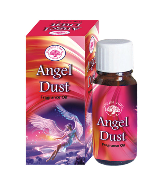 Green Tree Geurolie angel dust essential oil in a 10ml bottle, with a green and white label, designed for aromatherapy use.