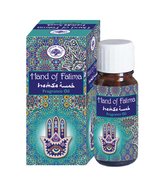 Green Tree Geurolie Hand of Fatima essential oil bottle, 10ml, with a green and white label and a dropper cap.
