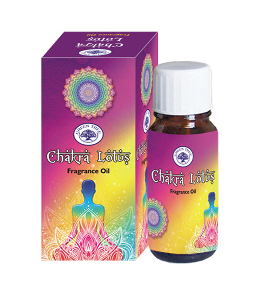Green Tree chakra lotus essential oil bottle, 10ml, with green and white label, showcasing the etherische oliën product.