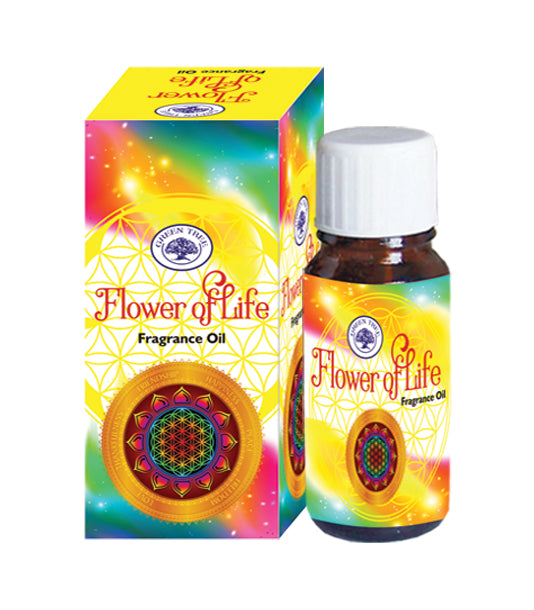 Green Tree Geurolie flower of life essential oil bottle, 10ml, with green and floral label, for aromatherapy and natural wellness.