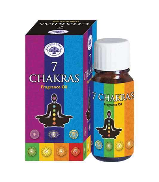 Green Tree 7 Chakras essential oil in a 10ml bottle, featuring a vibrant green label and silver cap, designed for holistic wellness.