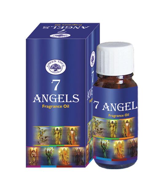 Green Tree Geurolie with 7 angels, 10ml bottle of aromatic essential oil, featuring a green-themed label and angel illustrations.