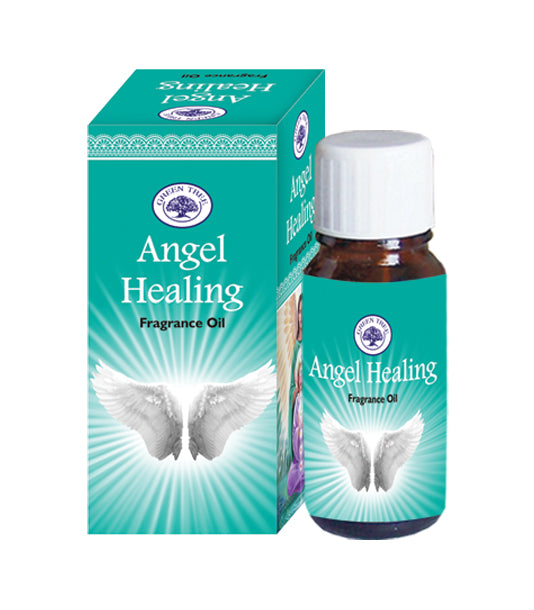 Green Tree Geurolie angel healing essential oil bottle, 10ml, with a green and angel-themed label for aromatic use.