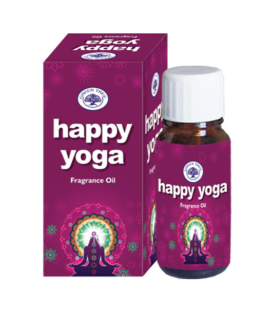 Green Tree Happy Yoga essential oil bottle, 10ml, with green label and cap, showcasing the product in a clear, close-up view
