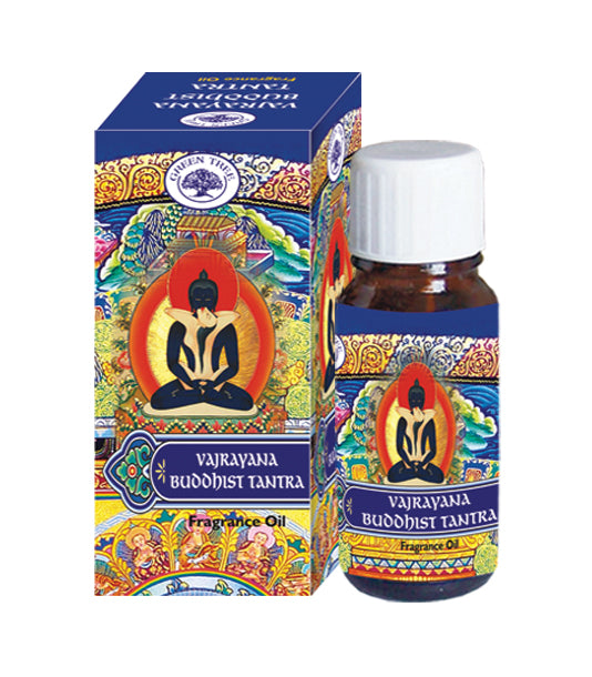 Green Tree Geurolie Buddhist Tantra essential oil bottle with a green label, 10 ml, for aromatherapy and spiritual practices