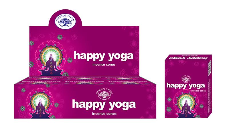 Green Tree Kegelwierook Happy Yoga incense sticks, 10-pack, natural aromatic incense for relaxation and meditation.