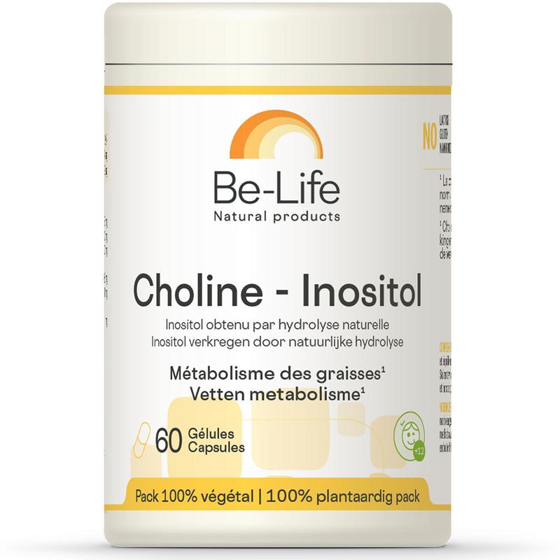 Be-Life Cholin Inositol softgels bottle showing 60 capsules, dietary multivitamin supplement for brain and liver health.