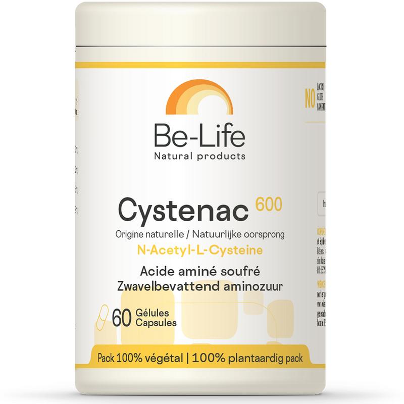 Be-Life Cystenac 600 softgels, dietary supplement with amino acids, shown in a clear bottle with softgel capsules inside.