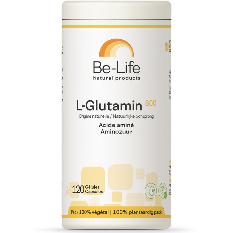 Be-Life L-Glutamin 800 softgels supplement for amino acids, featuring 120 softgel capsules in a clear bottle.