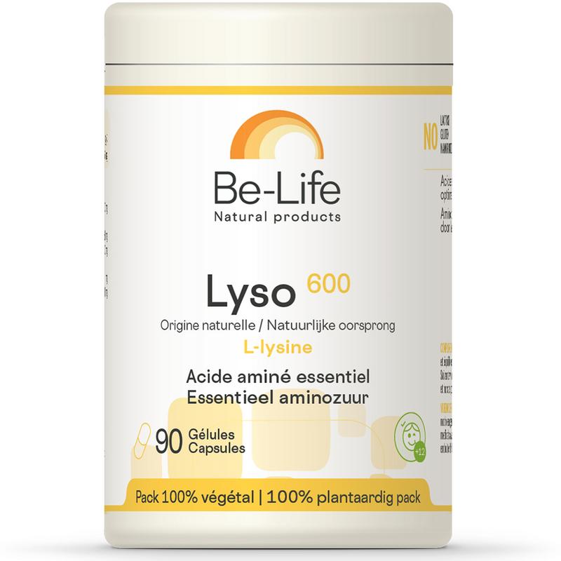 Be-Life Lyso 600 L-Lysine softgels, dietary amino acids supplement, close-up of the softgel capsules.
