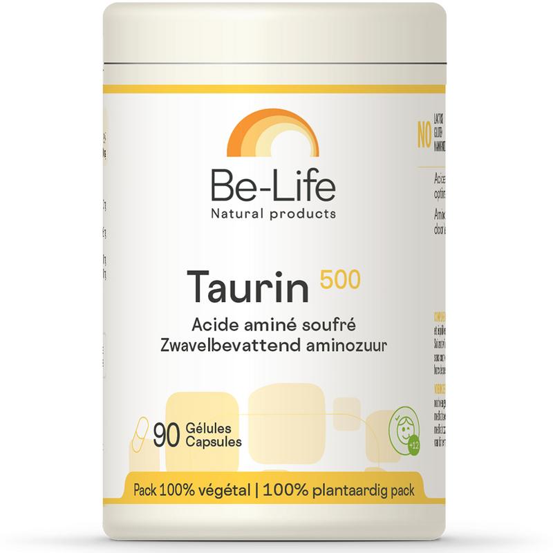 Be-Life Taurin 500 softgels, dietary amino acid supplement with 90 softgels in a clear bottle.