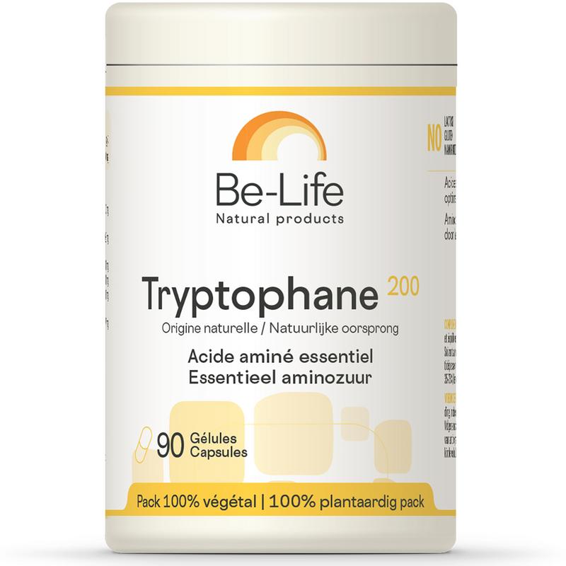 Be-Life Tryptophane 200 softgels, dietary amino acids supplement, showing the softgel capsules and label.