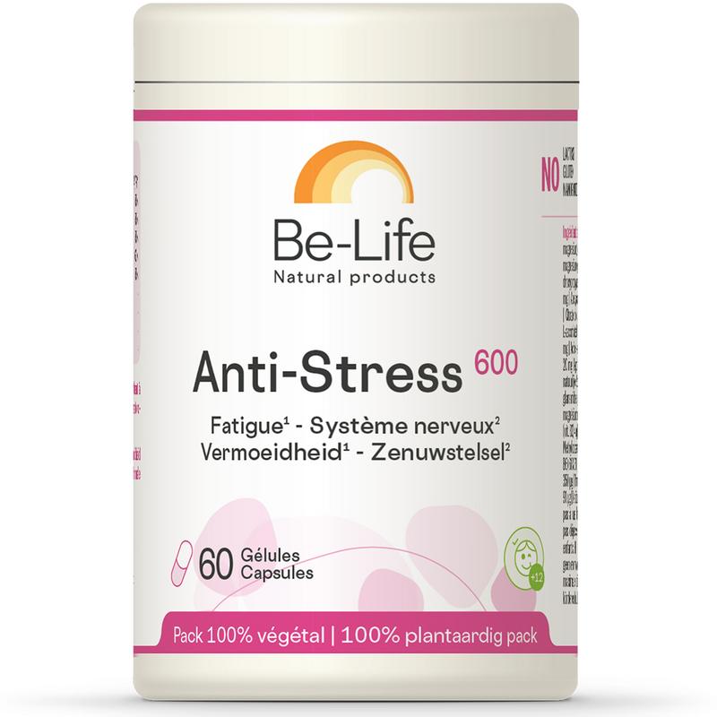 Be-Life Anti-stress 600 mineral softgels in a bottle, showing the supplement's packaging and softgel capsules.