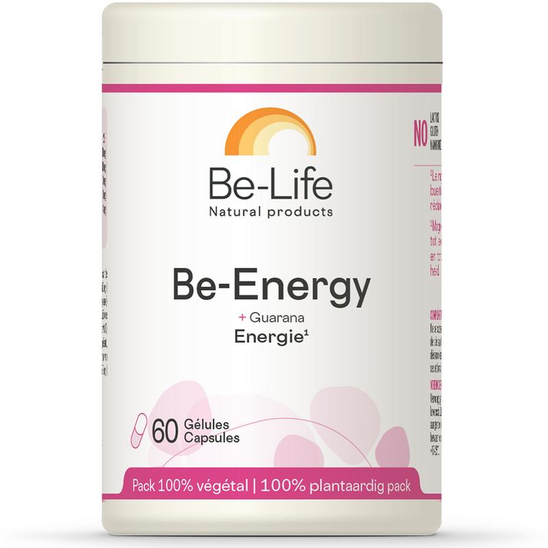 Be-Life Be-energy & guarana softgels in a bottle, herbal supplement for energy and vitality.
