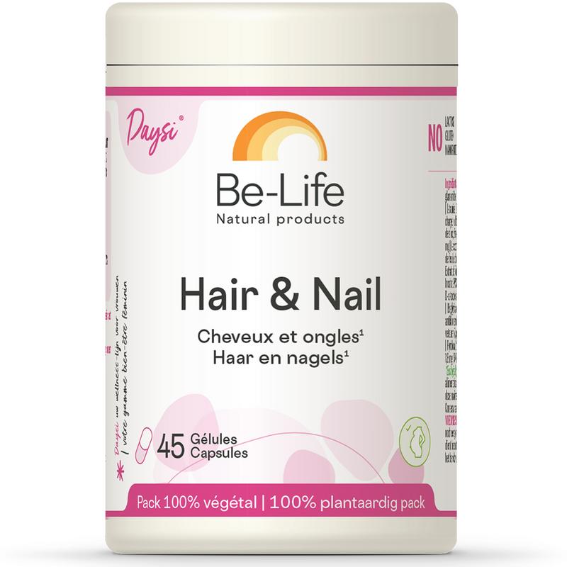 Be-Life Hair & Nail Bio softgels, multivitamin supplement for healthy hair and nails, in a bottle of 45 softgel capsules.
