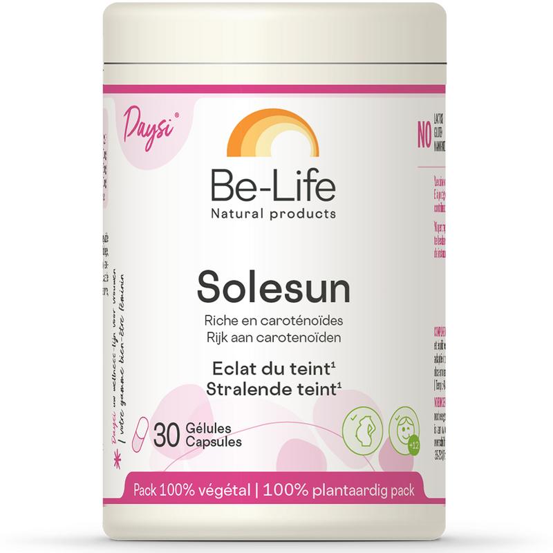 Be-Life Solesun 365 30.00 softgels, amino acids supplement in a clear bottle with white cap, close-up view of the product.