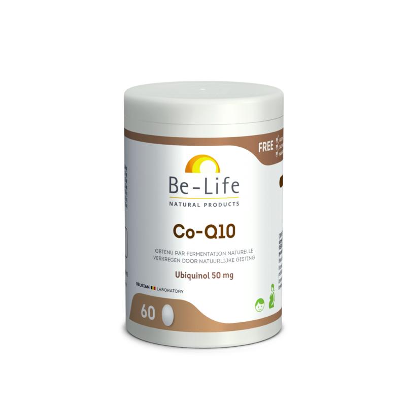 Be-Life Co-Q10 50mg capsules, dietary supplement in a clear bottle, showing 60 capsules for heart and energy support.
