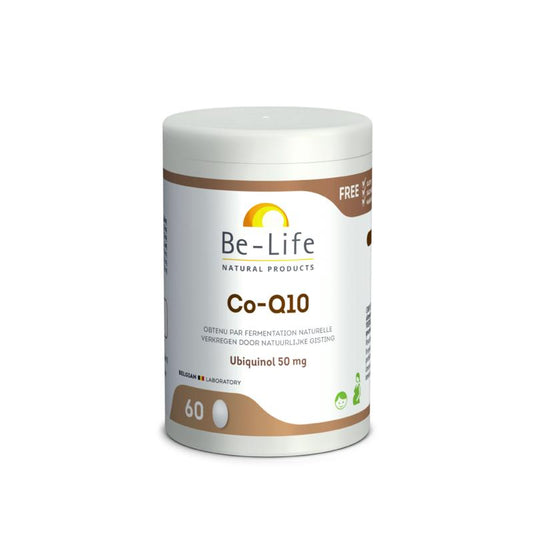 Be-Life Co-Q10 50mg capsules, dietary supplement in a clear bottle, showing 60 capsules for heart and energy support.