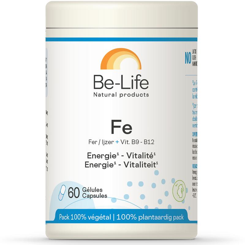 Be-Life Fe 60.00 softgel vitamin multivitamin bottle with blue and white label and softgel capsules inside.