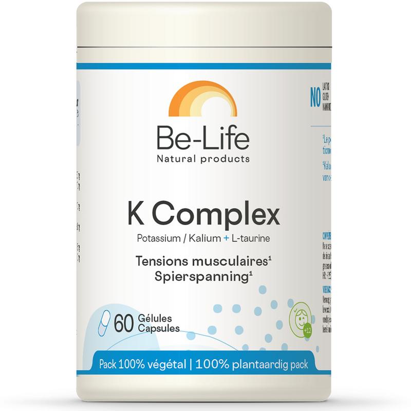 Be-Life K Complex softgels, a mineral multivitamin supplement, shown in a clear bottle with softgel capsules inside.