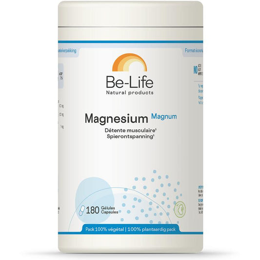 Be-Life Magnesium Magnum 180 softgel capsules, mineral supplement, showing softgel bottles and capsules.