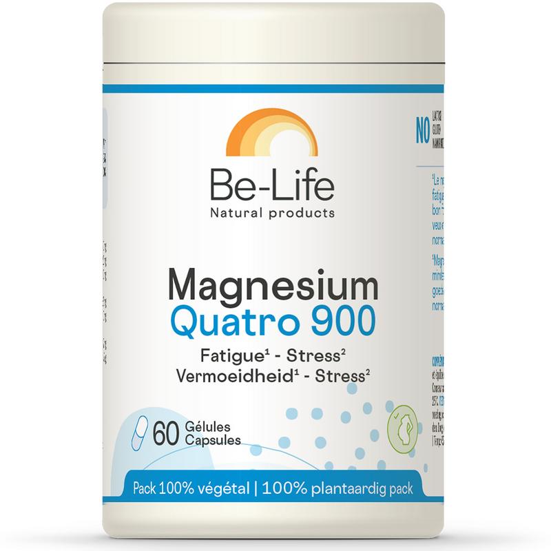 Be-Life Magnesium Quatro 900 softgels, mineral supplement bottle with softgel capsules, on a white background.