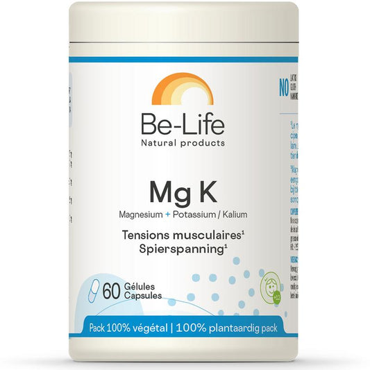 Be-Life Mg K 60 softgels bottle showing mineral supplement capsules for magnesium and potassium intake.