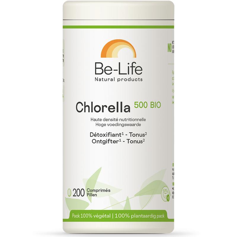 Be-Life Chlorella 500 bio supplement in 200 tablets, natural herbal product with green algae tablets for health support.
