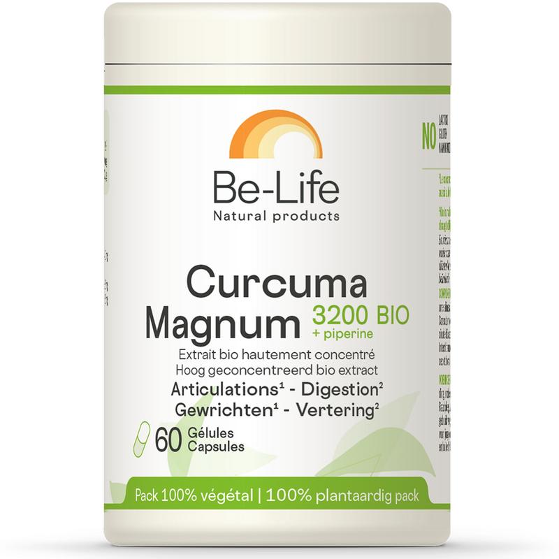 Be-Life Curcuma Magnum 3200 + piperine bio softgels bottle, dietary supplement with turmeric and black pepper extract.
