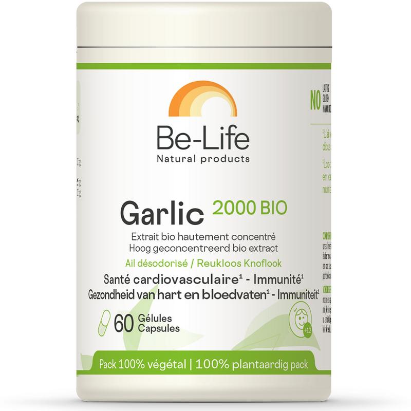 Be-Life Garlic 2000 bio softgels, herbal supplement in clear bottle with green cap, close-up view of softgel capsules.