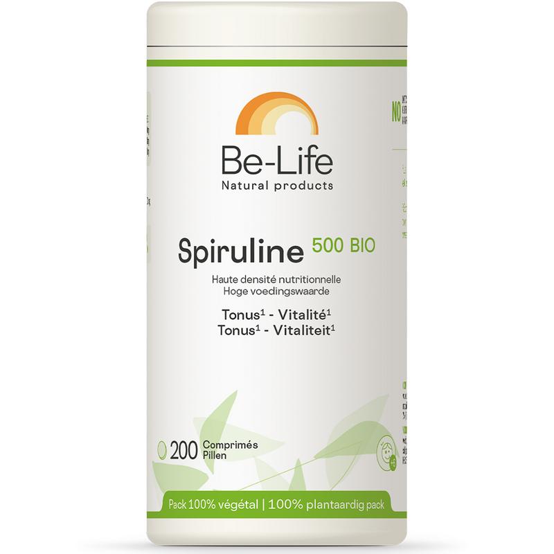Be-Life Spiruline 500 bio herbal supplement in 200 tablets, showing green spirulina tablets in a bottle.