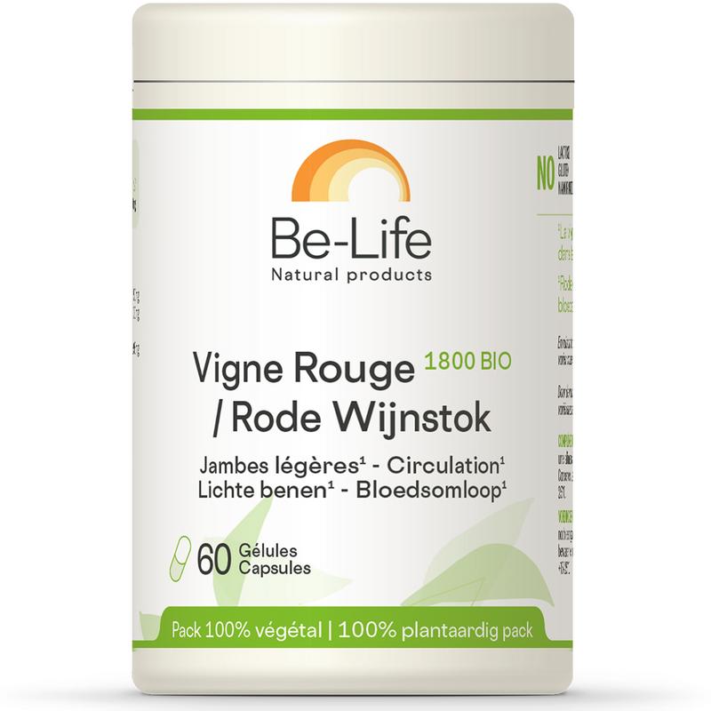 Be-Life Rode wijnstok 1800 bio softgels bottle, close-up of the herbal supplement container with label details.