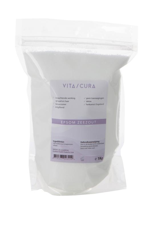 Vitacura Epsom zout 1 kilogram for bath and shower, showing the white crystalline bath salt in a container.
