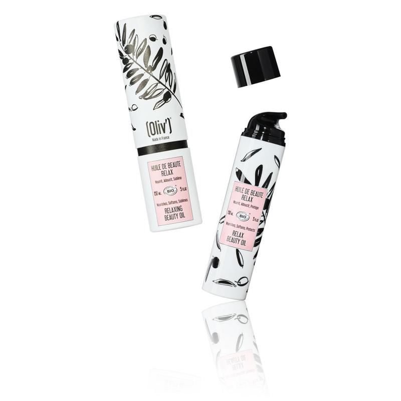 Oliv Bio Relaxende beauty olie in 150ml bottle, natural body care product with a clear label and a dropper cap.