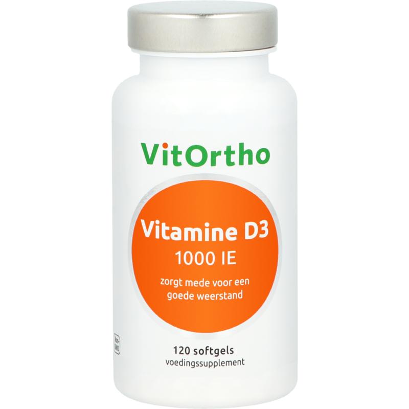 Bottle of VitOrtho Vitamin D3 1000IU softgels, dietary supplement in a white container with a label, shown in the image.