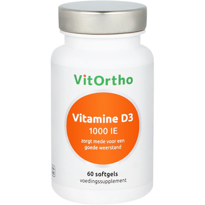 Bottle of VitOrtho Vitamine D3 1000IE softgels, dietary supplement with 60 capsules, shown in the image.