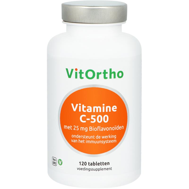 Vitamin C 500mg with bioflavonoids by VitOrtho, 120 tablets, showing the supplement bottle and label.