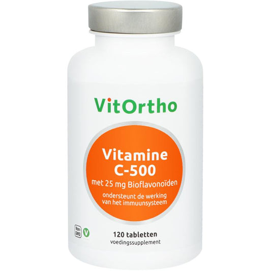 Vitamin C 500mg with bioflavonoids by VitOrtho, 120 tablets, showing the supplement bottle and label.