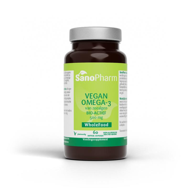 SanoPharm Vegan Omega-3 Vetzuren capsules showing 60 softgel capsules in a clear container.