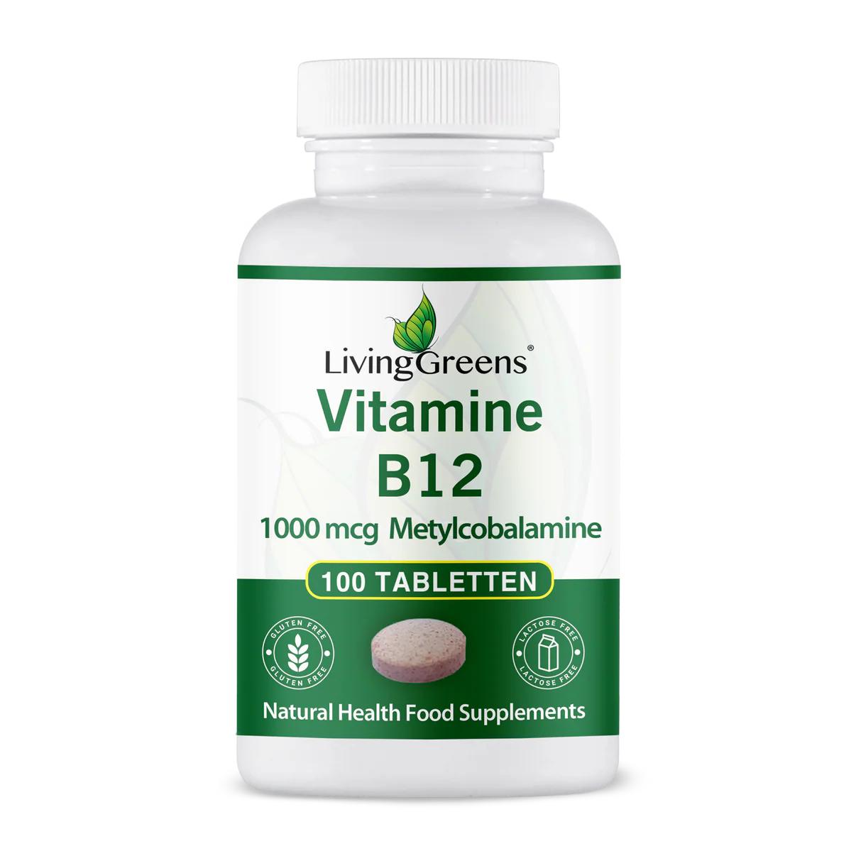 Livinggreens Vitamin B12 methylcobalamin 1000mcg supplement in a bottle with 180 tablets, showing the product label and tablets inside.